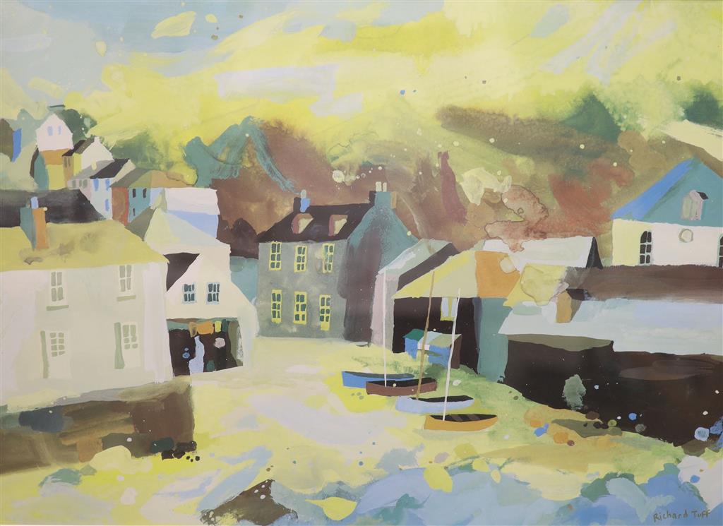 Richard Tuff (1965-), colour print, Fishing village, 38 x 53cm